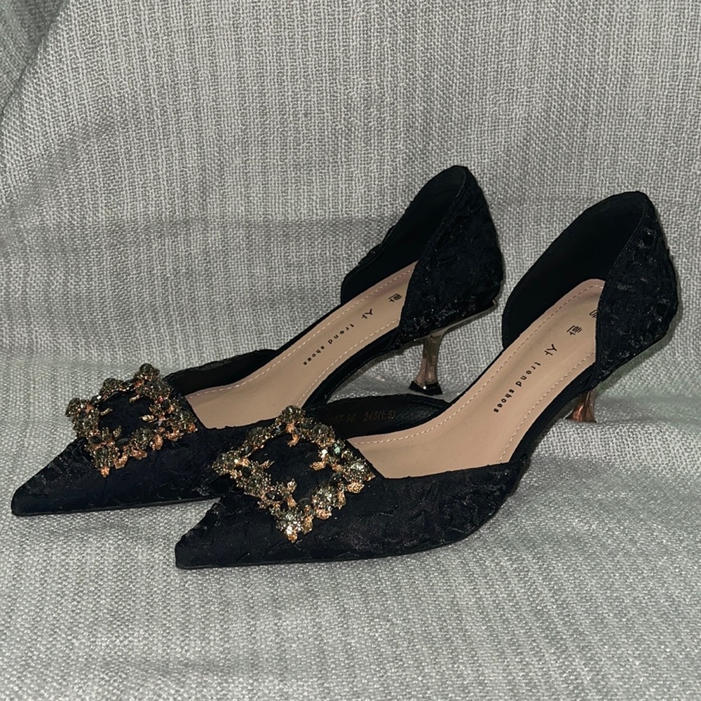 Black Fancy Kitten Heel with Sparkly Buckle